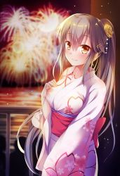 Rule 34 | 10s, 1girl, alternate hairstyle, black hair, commentary, cowboy shot, fireworks, flower, hair flower, hair ornament, hairclip, hand on own chest, haruna (kancolle), japanese clothes, kantai collection, kimono, long hair, md5 mismatch, night, orange eyes, outdoors, ponytail, resolution mismatch, smile, solo, source larger, star (sky), yukata, yuumaru (you-mya)