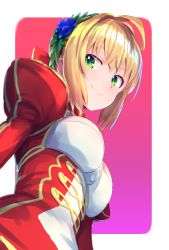 Rule 34 | 10s, 1girl, ahoge, blonde hair, breasts, chikuwa (garakuta waakusu), cleavage, closed mouth, commentary request, epaulettes, fate/extra, fate (series), green eyes, hair intakes, highres, looking to the side, nero claudius (fate), nero claudius (fate) (all), nero claudius (fate/extra), short hair, smile, solo, upper body