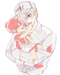 Rule 34 | 10s, ae-3803, baseball cap, black eyes, blush stickers, closed eyes, collared shirt, cradling, erythroblast (hataraku saibou), hair over one eye, hand on another&#039;s face, hat, hataraku saibou, lifting person, looking at another, no pupils, open mouth, overall dress, overalls, pom pom (clothes), red hair, shirt, shoes, short hair, simple background, sketch, smile, syu (no1zerg), u-1146, upper body, white background, white blood cell (hataraku saibou), white hair, white shirt