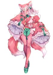 Rule 34 | 1girl, animal ears, bell, creatures (company), flower, frilled sleeves, frills, full body, game freak, gen 7 pokemon, glasses, hair bell, hair ornament, katagiri hachigou, leggings, long sleeves, lurantis, multiple tails, nintendo, personification, pink-tinted eyewear, pink eyes, pink hair, pink leggings, pokemon, round eyewear, sandals, sash, simple background, solo, standing, striped, tabard, tail, tinted eyewear, vertical stripes, white background, wide sleeves