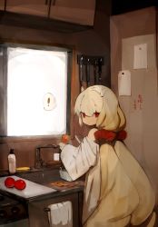 Rule 34 | !, 1girl, bad id, bad twitter id, bare shoulders, blonde hair, carrot, commentary request, cutting board, knife, long hair, original, red eyes, shirokujira, solo, spatula, spoken exclamation mark, tomato, towel, twintails, very long hair