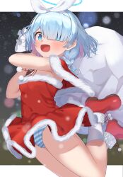 Rule 34 | 1girl, :d, alternate costume, armpits, arms up, arona (blue archive), bag, blue archive, blue eyes, blue hair, braid, breasts, capelet, carrying over shoulder, christmas, commentary, dress, full body, fur-trimmed capelet, fur-trimmed dress, fur trim, hair over one eye, hairband, halo, happy, high heels, highres, holding, holding bag, jumping, legs, legs folded, legs up, looking at viewer, medium hair, multicolored hair, open mouth, panties, pink hair, pom pom (clothes), red capelet, red dress, ribbon, santa dress, single braid, small breasts, smile, solo, sonao, strapless, strapless dress, striped clothes, striped panties, thighs, two-tone hair, underwear, upskirt, white hairband, white ribbon