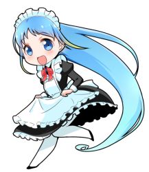 Rule 34 | 1girl, :d, apron, black dress, blonde hair, blue eyes, blush, chibi, commentary request, dress, frilled dress, frills, gradient hair, hair between eyes, holding, kantai collection, leg up, long hair, long sleeves, looking at viewer, maid, maid apron, maid day, maid headdress, multicolored hair, neck ribbon, open mouth, pantyhose, red ribbon, ribbon, samidare (kancolle), sidelocks, simple background, smile, solo, swept bangs, very long hair, white background, white pantyhose, yokoshima (euphoria)