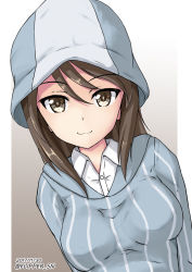 Rule 34 | 10s, 1girl, arms behind back, blue hat, blue shirt, breasts, brown eyes, brown hair, closed mouth, commentary, dated, dress shirt, flipper, girls und panzer, gradient background, grey background, hat, keizoku school uniform, leaning to the side, long hair, long sleeves, looking at viewer, medium breasts, mika (girls und panzer), outside border, school uniform, shirt, smile, solo, standing, striped clothes, striped shirt, twitter username, upper body, vertical-striped clothes, vertical-striped shirt, white shirt, wing collar
