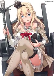 Rule 34 | 10s, 1girl, :d, bare shoulders, blonde hair, blue eyes, braid, breasts, cleavage, collarbone, commentary, crossed legs, crown, dress, eyebrows, french braid, hair between eyes, hairband, jewelry, kantai collection, long hair, mini crown, necklace, off shoulder, open mouth, sakiyamama, simple background, sitting, smile, solo, thighhighs, twitter username, warspite (kancolle), white background