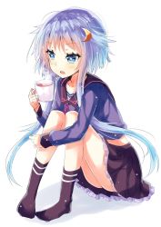 Rule 34 | 1girl, black skirt, black socks, blue eyes, blue hair, blue shirt, blush, commentary request, crescent, crescent hair ornament, cup, gradient hair, hair ornament, highres, hizaka, holding, holding mug, hugging own legs, kantai collection, looking away, mug, multicolored hair, no shoes, open mouth, pink ribbon, pleated skirt, purple hair, ribbon, school uniform, serafuku, shirt, short hair with long locks, simple background, sitting, skirt, socks, solo, white background, yayoi (kancolle)