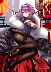 Rule 34 | 1girl, azur lane, bad id, bad pixiv id, black footwear, black gloves, black pantyhose, blurry, blurry background, blush, breasts, chain, china dress, chinese clothes, cleavage, closed mouth, dress, feather boa, flower, folded ponytail, gloucester (azur lane), gloucester (brilliance in purple) (azur lane), gloves, hair flower, hair intakes, hair ornament, hairband, high heels, highres, large breasts, light particles, long sleeves, looking at viewer, neconel, official alternate costume, pantyhose, pumps, purple dress, purple hair, reclining, short hair, shrug (clothing), side slit, sidelocks, solo, thigh strap, thighband pantyhose, yellow eyes
