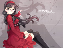 Rule 34 | 1girl, amagi yukiko, ascot, atlus, black eyes, black hair, black thighhighs, character name, copyright name, dress, earrings, eyelashes, face, flower, frills, from side, glasses, grey background, hairband, invisible chair, jewelry, long hair, looking back, persona, persona 4, sitting, solo, tearfish, thighhighs