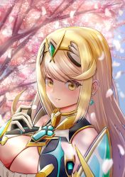 Rule 34 | 1girl, blonde hair, breasts, chest jewel, cleavage, cleavage cutout, clothing cutout, dress, earrings, gem, headpiece, highres, inuneco, jewelry, large breasts, long hair, mythra (xenoblade), short dress, solo, swept bangs, tiara, very long hair, white dress, xenoblade chronicles (series), xenoblade chronicles 2, yellow eyes