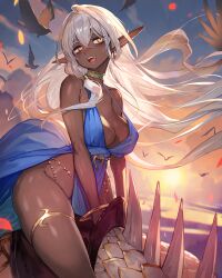 Rule 34 | 1girl, :d, bare arms, bare shoulders, bird, blue dress, breasts, commentary request, dark skin, dress, elf, highres, lack, large breasts, long hair, looking at viewer, open mouth, original, pointy ears, smile, solo, thighlet, thighs, very long hair, white hair, yellow eyes