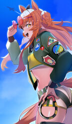 Rule 34 | 1girl, absurdres, aircraft, airplane, animal ears, badge, bespectacled, blue sky, bomber jacket, commentary request, cowboy shot, cropped shirt, eyewear on head, from side, glasses, green jacket, hair between eyes, hand on own hip, harness, highres, horse ears, horse girl, horse tail, jacket, jet, jitome no tsugumi, long sleeves, looking at viewer, mayano top gun (umamusume), midriff, navel, open mouth, orange eyes, orange hair, outdoors, red-tinted eyewear, shirt, shorts, sky, smile, solo, sunglasses, tail, teeth, thighs, tinted eyewear, two side up, umamusume, upper teeth only, white shorts, yellow shirt