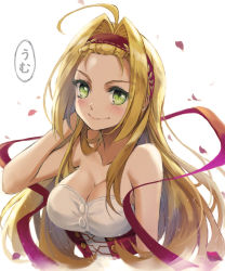 Rule 34 | 1girl, ahoge, alternate hairstyle, bangs pinned back, bare shoulders, blonde hair, blush, breasts, bustier, cleavage, closed mouth, commentary request, fate/extra, fate (series), forehead, green eyes, hair down, hair intakes, hand in own hair, hand up, headband, highres, long hair, looking at viewer, medium breasts, nero claudius (fate), nero claudius (fate), nero claudius (fate/extra), petals, rose petals, simple background, smile, solo, string, string of fate, tonee, translated, umu (phrase), upper body, very long hair, white background