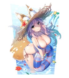 Rule 34 | 1girl, animal ears, arched back, ass, bare arms, bare shoulders, bikini, blue bikini, bracelet, breasts, cleavage, closed mouth, ears through headwear, fate (series), flower, fox ears, fox tail, from above, gel (chiericyan), hat, hat flower, hibiscus, innertube, jewelry, large breasts, long hair, looking at viewer, pink hair, red flower, side-tie bikini bottom, smile, solo, standing, straw hat, swim ring, swimsuit, tail, tamamo (fate), tamamo no mae (fate/extra), tamamo no mae (swimsuit lancer) (fate), v arms, wading, yellow eyes