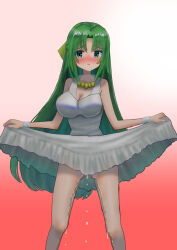 Rule 34 | 1girl, armband, bare shoulders, blush, breasts, closed mouth, clothes lift, dress, dress lift, feet out of frame, gluteal fold, gradient background, green eyes, green hair, highres, higurashi no naku koro ni, large breasts, lifting own clothes, long hair, nokironokii, pee, sonozaki shion, standing, very long hair, water drop, white dress