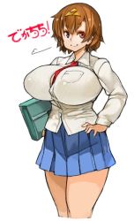 Rule 34 | 1girl, blue eyes, breasts, brown hair, closed mouth, heterochromia, huge breasts, long sleeves, looking at viewer, necktie, perky breasts, red eyes, red necktie, sachito, school uniform, short hair, simple background, skirt, smile, solo, thighs, triforce, white background