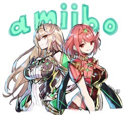 Rule 34 | 2girls, breasts, large breasts, multiple girls, mythra (massive melee) (xenoblade), mythra (xenoblade), official art, pyra (xenoblade), red eyes, red hair, saitou masatsugu, xenoblade chronicles (series), xenoblade chronicles 2