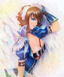 Rule 34 | 1girl, angel wings, belt, blue eyes, blue gloves, blue jacket, breasts, brown hair, cleavage, feathered wings, gloves, hairband, highres, jacket, large breasts, marker (medium), mayo riyo, meiko (vocaloid), open clothes, open jacket, parted lips, pleated skirt, semi-rimless eyewear, short hair, short sleeves, skirt, solo, swept bangs, traditional media, under-rim eyewear, vocaloid, white hairband, white wings, wings