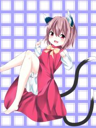Rule 34 | 1girl, :3, :d, absurdres, animal ears, bad id, bad pixiv id, barefoot, bloomers, blue background, brown hair, cat ears, cat tail, chen, dress, earrings, fang, highres, jewelry, miki yanagi, multiple tails, no headwear, no headwear, open mouth, plaid, plaid background, red eyes, shirt, short hair, simple background, single earring, smile, solo, tail, touhou, two-tone background, two tails, underwear, white background