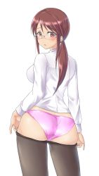 Rule 34 | 1girl, :o, aimobake, ass, bad id, bad twitter id, bespectacled, black pantyhose, blush, brown eyes, brown hair, clothes pull, cowboy shot, crotch seam, dress shirt, from behind, glasses, half-closed eyes, highres, idolmaster, idolmaster cinderella girls, long hair, long sleeves, looking at viewer, looking back, mifune miyu, panties, pantyhose, pantyhose pull, parted lips, ponytail, pulled by self, purple panties, rimless eyewear, shirt, sidelocks, simple background, skindentation, solo, standing, swept bangs, underwear, white background, white shirt