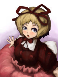 Rule 34 | 1girl, :o, arms at sides, blonde hair, blue eyes, bow, bowtie, buttons, collar, dress, female focus, laboto, long sleeves, looking at viewer, medicine melancholy, open mouth, red bow, red bowtie, red dress, short hair, solo, standing, touhou