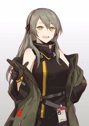 Rule 34 | 1girl, bare shoulders, black gloves, brown hair, cowboy shot, girls&#039; frontline, gloves, gradient background, green eyes, hair between eyes, hair ribbon, highres, jacket, jhcrow3, long hair, looking at viewer, name tag, off shoulder, open mouth, pointing, ribbon, smile, solo, ump40 (girls&#039; frontline)