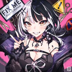 Rule 34 | 1girl, absurdres, black choker, black coat, black dress, black gloves, black hair, black nails, breasts, chest belt, choker, cleavage, coat, dress, fur-trimmed coat, fur trim, gloves, hayate fish, highres, hololive, hololive english, jewelry, lace-trimmed choker, lace trim, large breasts, long hair, looking at viewer, medium hair, multicolored hair, nail polish, pink background, ring, scissors, shiori novella, shiori novella (1st costume), smile, solo, split-color hair, striped clothes, striped gloves, very long hair, virtual youtuber, white hair, yellow eyes, yorick (shiori novella)