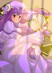 Rule 34 | 00s, 1girl, 2008, bad id, bad pixiv id, book, female focus, fetal position, highres, lilithbloody, long hair, lying, on side, patchouli knowledge, paw print, purple eyes, purple hair, red eyes, shade, shadow, signature, solo, tatami, touhou, very long hair, window shadow