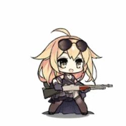 Rule 34 | animated, animated gif, automatic rifle, black dress, chibi, dress, eyewear on head, full body, girls&#039; frontline, gun, light machine gun, lowres, m1918 (girls&#039; frontline), m1918 (tender nocturne) (girls&#039; frontline), m1918 bar, machine gun, non-web source, official alternate costume, on one knee, simple background, spinning, squad automatic weapon, sunglasses, thighhighs, weapon, white background