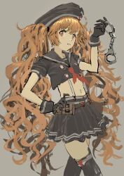 Rule 34 | 1girl, ammunition belt, ammunition pouch, arm up, brown eyes, brown hair, cropped shirt, cuffs, fang, feet out of frame, flat chest, goddess of victory: nikke, hand on own hip, handcuffs, hat, highres, holding, holding handcuffs, light blush, long hair, looking at viewer, midriff, military hat, miniskirt, miranda (nikke), navel, neckerchief, pleated skirt, pouch, red neckerchief, s1gedd, sailor collar, sailor shirt, shirt, simple background, sketch, skin fang, skirt, solo, standing, twintails, very long hair