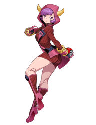 Rule 34 | 1girl, ass, boots, breasts, courtney (pokemon), courtney (pokemon oras), creatures (company), dress, fake horns, from side, full body, game freak, genzoman, gloves, half-closed eyes, high heel boots, high heels, holding, holding poke ball, hood, horns, knee boots, legs, long sleeves, looking at viewer, nintendo, poke ball, poke ball (basic), pokemon, pokemon oras, purple eyes, purple hair, red footwear, ribbed sweater, short hair, simple background, smile, solo, sweater, sweater dress, team magma, thighs, turtle, turtleneck, turtleneck sweater, vambraces, white background