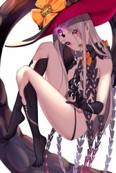 Rule 34 | 1girl, abigail williams (fate), abigail williams (third ascension) (fate), absurdres, black bow, black hat, black panties, blush, bow, fate/grand order, fate (series), feet, flat chest, forehead, glowing, glowing eye, grey hair, hat, highres, jun (aousa0328), keyhole, legs, long hair, looking at viewer, multiple bows, open mouth, orange bow, panties, parted bangs, pink eyes, polka dot, polka dot bow, simple background, solo, third eye, underwear, white background, witch hat