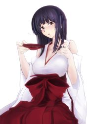 Rule 34 | 1girl, :o, alcohol, bare shoulders, blue hair, blunt bangs, blush, bow, breasts, cleavage, cup, detached sleeves, drunk, fingernails, hakama, hakama skirt, hand on own chest, hime cut, hime no miko, hip vent, holding, japanese clothes, kawagishi keitarou, large breasts, long fingernails, long hair, looking at viewer, miko, official art, open mouth, purple eyes, red hakama, sakazuki, sake, seiza, side slit, simple background, sitting, skirt, solo, white background, wide sleeves, yoshino (hime no miko)