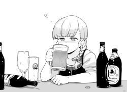 Rule 34 | 1girl, alcohol, beer, beer bottle, beer mug, blunt bangs, blush, commentary request, cup, dirndl, drinking, drinking glass, drunk, fujinoki (horonabe-ken), german clothes, greyscale, holding, holding cup, kantai collection, long hair, monochrome, mug, shin&#039;you (kancolle), simple background, solo, upper body, white background, wine glass