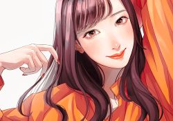 Rule 34 | 1girl, blush, brown eyes, brown hair, closed mouth, fingernails, hands up, head tilt, highres, lipstick, long hair, long sleeves, looking at viewer, makeup, nail polish, orange shirt, original, red lips, red nails, shirt, simple background, smile, solo, tsunko (9v2 q), white background