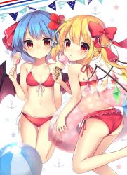 Rule 34 | 2girls, anchor symbol, ass, ball, bare arms, bare legs, bare shoulders, barefoot, bat wings, beachball, beads, bikini, blue hair, blush, bow, breasts, collarbone, commentary request, crystal, feet out of frame, flandre scarlet, flower, food, from behind, front-tie bikini top, front-tie top, hair beads, hair between eyes, hair bow, hair flower, hair ornament, hair ribbon, hairclip, halterneck, hand up, highres, holding, holding food, ice cream, ice cream cone, innertube, leg up, long hair, looking at viewer, looking back, multiple girls, navel, no headwear, popsicle, red bikini, red bow, red flower, red ribbon, remilia scarlet, ribbon, ruhika, shell hair ornament, short hair, siblings, side-tie bikini bottom, side ponytail, silhouette, sisters, small breasts, smile, star (symbol), starry background, stomach, swim ring, swimsuit, thighs, tongue, tongue out, touhou, white background, wings, x hair ornament