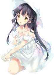 Rule 34 | 1girl, :d, bare shoulders, black hair, blush, brown eyes, commentary request, criss-cross halter, detached sleeves, dress, hair between eyes, halterneck, hat, long hair, open mouth, original, puffy short sleeves, puffy sleeves, seiza, short sleeves, simple background, sitting, smile, solo, suihi, sun hat, very long hair, white background, white dress, white hat