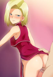 Rule 34 | 1girl, android 18, ass, back, bare arms, bare legs, blonde hair, blue eyes, blush, bob cut, breasts, censored, china dress, chinese clothes, clothed female nude male, cum, cum in pussy, dragon ball, dragonball z, dress, earrings, gradient background, highres, hoop earrings, kaiga, legs, looking back, mosaic censoring, no panties, nude, parted lips, penis, pussy juice, sex, short hair, simple background, sleeveless, smile, solo focus, standing, thighs, vaginal, wet