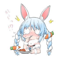 Rule 34 | 1girl, animal ear fluff, animal ears, blue hair, bow, braid, carrot hair ornament, chibi, commentary, eating, empty eyes, food-themed hair ornament, hair bow, hair ornament, highres, hololive, kinka, multicolored hair, puffy short sleeves, puffy sleeves, rabbit ears, short sleeves, simple background, sketch, solo, spicy, spoon, streaked hair, sweat, teardrop, thick eyebrows, translated, twintails, two-tone hair, upper body, usada pekora, usada pekora (1st costume), utensil in mouth, virtual youtuber, white background, white hair, wrist cuffs