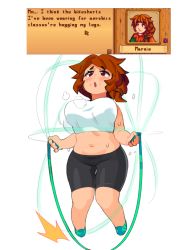 Rule 34 | bike shorts, breasts, brown hair, conto, highres, jump rope, jumping, large breasts, marnie (stardew valley), plump, shirt, stardew valley, white shirt