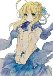 Rule 34 | 1girl, ahoge, artoria pendragon (all), artoria pendragon (fate), blonde hair, blue scarf, blush, fate/stay night, fate (series), fina (sa47rin5), green eyes, hair ribbon, highres, long hair, long sleeves, looking at viewer, official alternate costume, painting (medium), ribbon, saber (fate), scarf, skirt, smile, solo, traditional media, watercolor (medium)