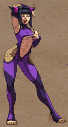 Rule 34 | 1girl, alternate costume, armpits, barefoot, black hair, bodysuit, breasts, capcom, center opening, contrapposto, detached sleeves, drill hair, fishnets, full body, halterneck, han juri, hip focus, jiggeh, large breasts, naughty face, navel, purple bodysuit, purple eyes, simple background, solo, standing, street fighter, street fighter iv (series), toeless legwear, toes, tongue, tongue out, twin drills, twintails, underboob
