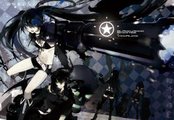 Rule 34 | 10s, 4girls, arm cannon, belt, bikini, bikini top only, black gold saw, black hair, black rock shooter, black rock shooter (character), blue eyes, boots, chain, coat, dead master, gloves, glowing, glowing eyes, green eyes, horns, knee boots, long hair, midriff, multiple girls, navel, scar, shorts, skull, star (symbol), starshadowmagician, strength (black rock shooter), swimsuit, twintails, very long hair, weapon
