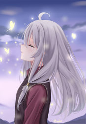 Rule 34 | 1girl, absurdres, ahoge, bug, butterfly, closed eyes, closed mouth, cloud, commentary, elaina (majo no tabitabi), english commentary, from side, gradient sky, grey hair, highres, insect, kushiro147, long hair, majo no tabitabi, medium hair, outdoors, purple sky, signature, sky, solo, upper body