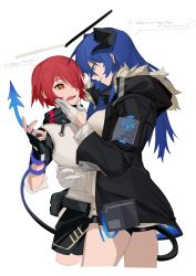 Rule 34 | 2girls, absurdres, arknights, belt, black coat, black gloves, blue eyes, blue hair, coat, commentary, cropped legs, english commentary, english text, exusiai (arknights), eye contact, eyes visible through hair, fingerless gloves, fur-trimmed coat, fur trim, gloves, hair over one eye, half gloves, halo, hand on another&#039;s face, highres, horns, hug, long hair, looking at another, mostima (arknights), multiple girls, open mouth, orange eyes, red hair, short hair, sidelocks, simple background, sinnbunn, smile, speech bubble, tail, tail around arm, tail wrap, teeth, turtleneck, utility belt, wavy mouth, white background, white gloves, yuri