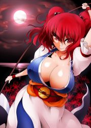 Rule 34 | 1girl, breasts, cleavage, female focus, hair bobbles, hair ornament, highres, huge breasts, looking at viewer, mattari yufi, onozuka komachi, red eyes, red hair, smile, solo, touhou, twintails, two side up
