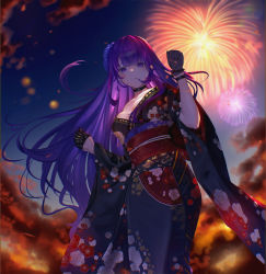 Rule 34 | 1girl, absurdres, alternate costume, black gloves, breasts, cleavage, commentary request, fireworks, floral print, from below, genshin impact, gloves, half gloves, highres, japanese clothes, kimono, long hair, new year, obi, purple eyes, purple hair, raiden shogun, sash, solo, suzu (user kdex8732)