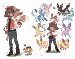 Rule 34 | 6+others, ^ ^, baseball cap, boots, brown eyes, charamells, closed eyes, commentary, creature, creatures (company), crossover, dark skin, eevee, english commentary, espeon, flareon, flowey (undertale), frisk (undertale), game freak, gen 1 pokemon, gen 2 pokemon, gen 4 pokemon, gen 6 pokemon, glaceon, grass, hat, heart, jolteon, leafeon, looking at another, looking at viewer, multiple others, multiple views, nintendo, on head, pants, pokemon, pokemon (creature), pokemon on head, red eyes, simple background, standing, sylveon, umbreon, undertale, vaporeon, white background