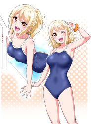 Rule 34 | 1girl, :d, ;d, blonde hair, blue one-piece swimsuit, braid, breasts, collarbone, commentary request, competition school swimsuit, hair down, hair ornament, halftone, halftone background, highres, looking at viewer, love live!, love live! nijigasaki high school idol club, love live! school idol festival all stars, medium breasts, miyashita ai, multiple views, one-piece swimsuit, one eye closed, open mouth, orange eyes, orange scrunchie, outline, ponytail, school swimsuit, scrunchie, short hair, sidelocks, smile, swimsuit, w, wet, white outline, wrist scrunchie, x hair ornament, yopparai oni