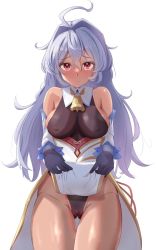 Rule 34 | 1girl, ahoge, alternate hairstyle, bare shoulders, bell, black leotard, blue gloves, blue hair, blush, breasts, cameltoe, clothes lift, cosplay, covered erect nipples, detached sleeves, ganyu (genshin impact), ganyu (genshin impact) (cosplay), genshin impact, gloves, gluteal fold, gold trim, groin, highres, horns, large breasts, leotard, lifting own clothes, long hair, looking at viewer, medium breasts, neck bell, no legwear, original, pelvic curtain, pelvic curtain lift, purple eyes, pussy juice, pussy juice trail, solo, takenoko pengin, takepenn, thigh gap, thighlet, thighs, white background, white sleeves
