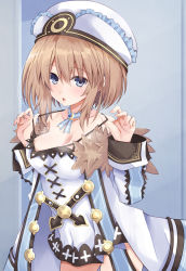 Rule 34 | 1girl, :o, aged up, alternate breast size, bare shoulders, blanc, blanc (neptunia), blue eyes, blush, breasts, brown hair, choujigen game neptune, choujigen game neptune the animation, cleavage, coat, commentary request, compile heart, cowboy shot, curious, dress, expressionless, fur-trimmed coat, fur trim, hands up, hat, idea factory, iwashi dorobou -r-, large breasts, leaning forward, long sleeves, looking at viewer, medium hair, neck, neptune (series), open clothes, open coat, open mouth, pulled by self, ribbon, shin jigen game neptune vii, short hair, solo, spaghetti strap, staring, strap pull, thighs, white coat, white dress, wide sleeves